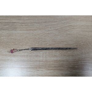 Vintage Style Metal Hair Stick Shawl Pin Filigree Silver Tone Pink Bead Charm